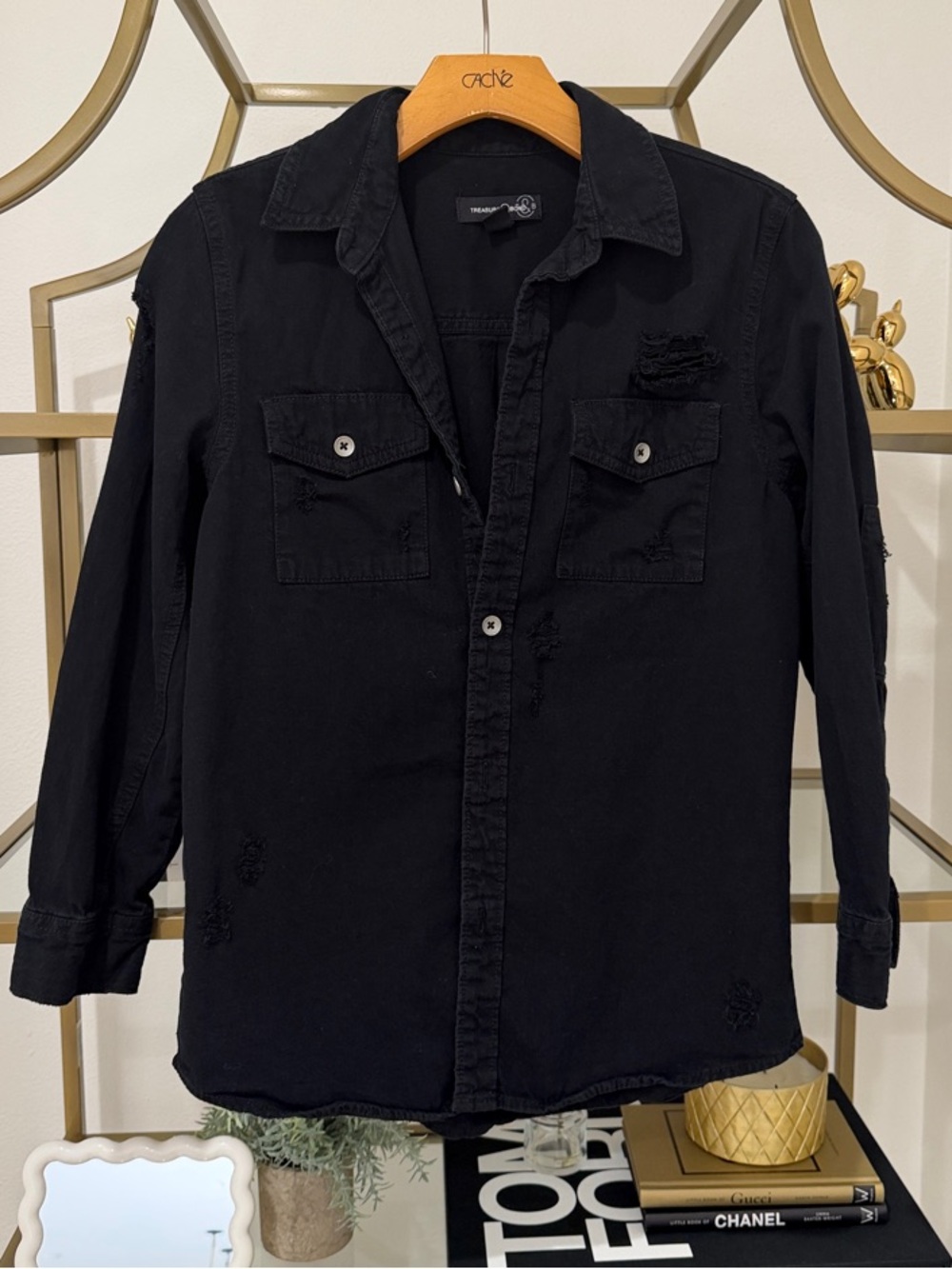 Black Distressed Button-Front Denim Jacket